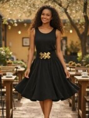 Nwt NUE BY SHANI Classic Black Sleeveless Fit-and-Flare Dress Designer Gold Y2k